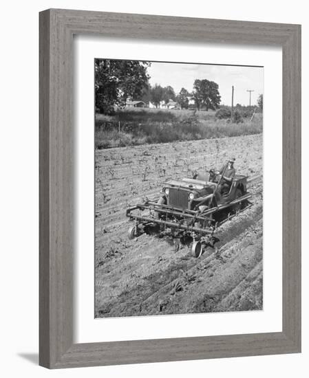 Farmer Using Jeep as a Cultivator in Demonstration of Postwar Uses for Military Vehicles-null-Framed Photographic Print