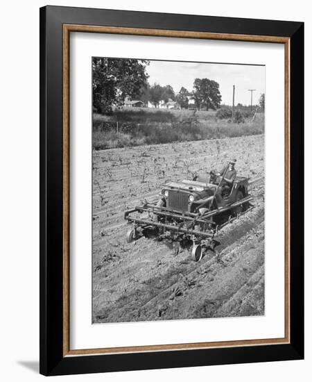 Farmer Using Jeep as a Cultivator in Demonstration of Postwar Uses for Military Vehicles-null-Framed Photographic Print