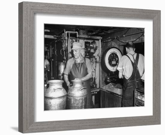 Farmers Working in Dairy Barn-null-Framed Premium Photographic Print