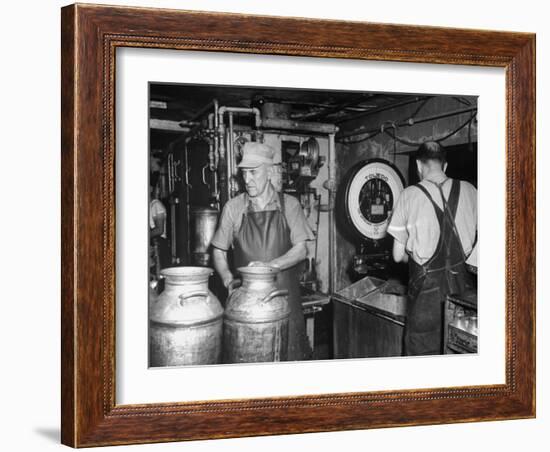 Farmers Working in Dairy Barn-null-Framed Premium Photographic Print