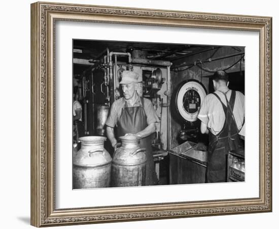 Farmers Working in Dairy Barn-null-Framed Photographic Print