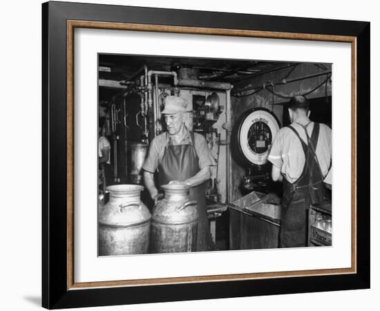 Farmers Working in Dairy Barn-null-Framed Photographic Print