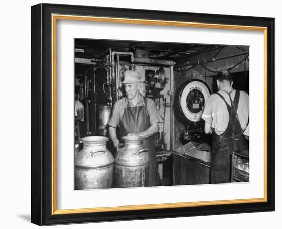 Farmers Working in Dairy Barn-null-Framed Photographic Print