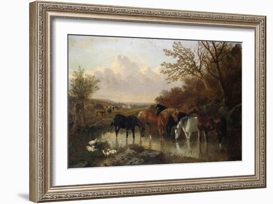 Farmhorses Watering in a Wooded River Landscape-Henry Thomas Alken-Framed Giclee Print