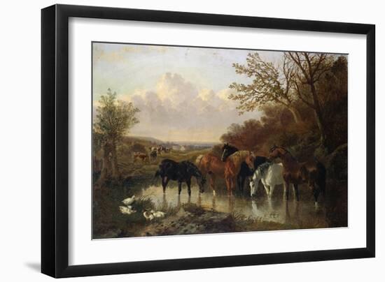 Farmhorses Watering in a Wooded River Landscape-Henry Thomas Alken-Framed Giclee Print