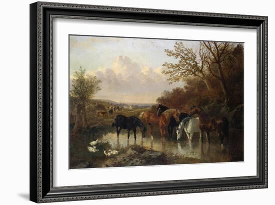 Farmhorses Watering in a Wooded River Landscape-Henry Thomas Alken-Framed Giclee Print