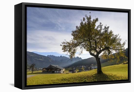 Farmhouses and Gosaukamm, Austria, Salzkammergut, Gosau-Volker Preusser-Framed Premier Image Canvas