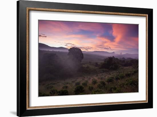 Farmland in Chapada Diamantina National Park with Mist from Cachaca Smoke at Sunset-Alex Saberi-Framed Photographic Print