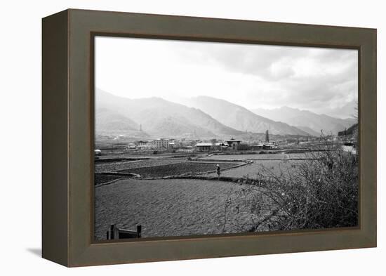 Farmland Paro Valley Bhutan (B/W Photo)-null-Framed Premier Image Canvas