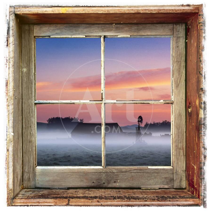 Farmyard Sunrise Viewed Through An Old Window Frame Farmyard Sunrise Viewed Through An Old Window Frameby Diane Miller