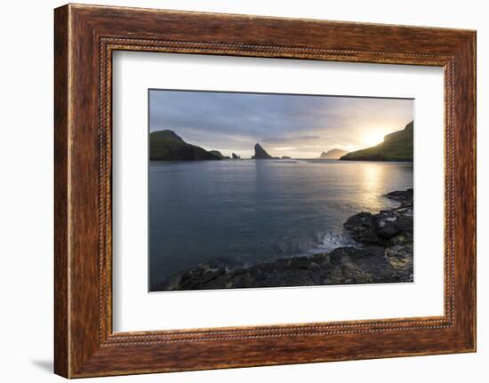 Faroes, Vagar, Tindholmur, bay, Sorvagsfjordur, evening-olbor-Framed Photographic Print