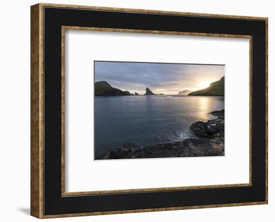Faroes, Vagar, Tindholmur, bay, Sorvagsfjordur, evening-olbor-Framed Photographic Print