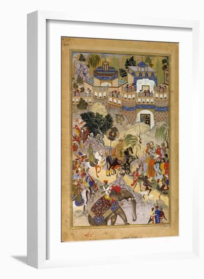 Farrukh Beg. Akbar's Triumphal Entry into Surat. Akbarnama-null-Framed Art Print