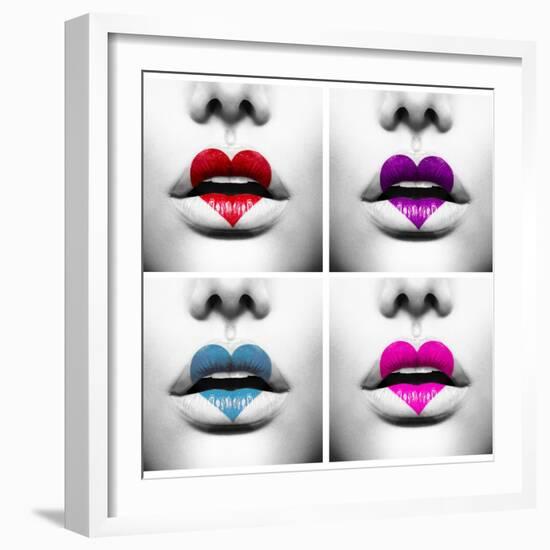 Fashion Abstract Collage Of Beauty Sexy Lips With Colorful Heart Shape Paint-Subbotina Anna-Framed Premium Giclee Print