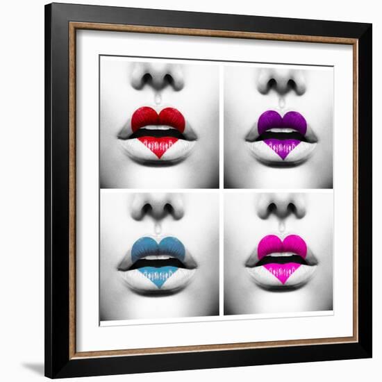 Fashion Abstract Collage Of Beauty Sexy Lips With Colorful Heart Shape Paint-Subbotina Anna-Framed Art Print