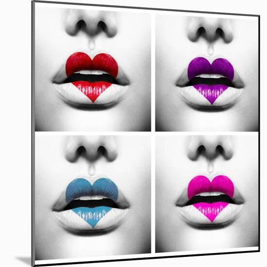 Fashion Abstract Collage Of Beauty Sexy Lips With Colorful Heart Shape Paint-Subbotina Anna-Mounted Art Print