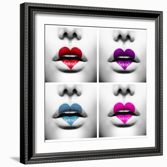 Fashion Abstract Collage Of Beauty Sexy Lips With Colorful Heart Shape Paint-Subbotina Anna-Framed Art Print