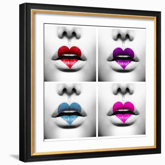 Fashion Abstract Collage Of Beauty Sexy Lips With Colorful Heart Shape Paint-Subbotina Anna-Framed Art Print