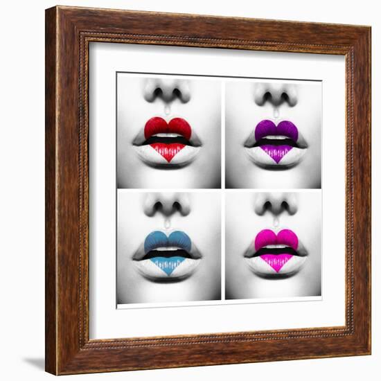 Fashion Abstract Collage Of Beauty Sexy Lips With Colorful Heart Shape Paint-Subbotina Anna-Framed Art Print