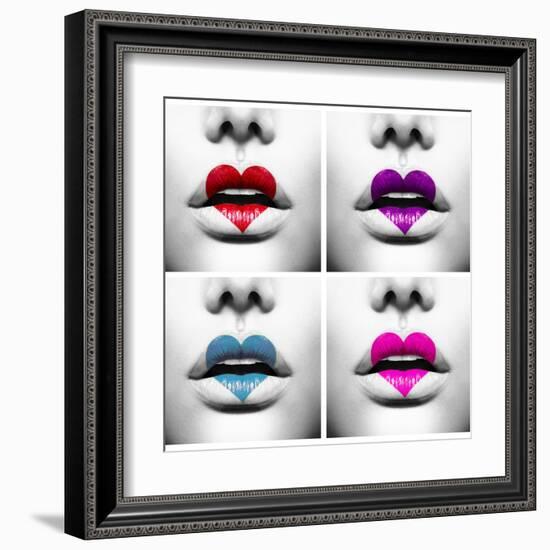 Fashion Abstract Collage Of Beauty Sexy Lips With Colorful Heart Shape Paint-Subbotina Anna-Framed Art Print