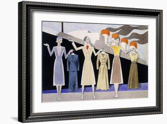 Fashion Design Showing Three Female Models Holding Up Garments on Hangers-Ernst Deutsch-dryden-Framed Giclee Print