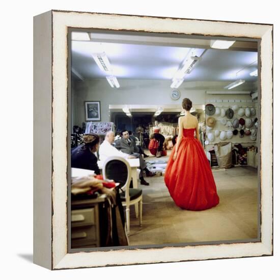 Fashion Designer Christian Dior Commenting on Red Gown for His New Collection Prior to Showing-Loomis Dean-Framed Premier Image Canvas