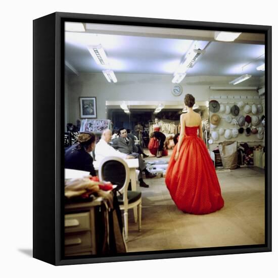 Fashion Designer Christian Dior Commenting on Red Gown for His New Collection Prior to Showing-Loomis Dean-Framed Premier Image Canvas