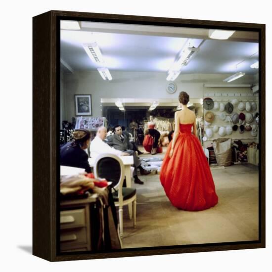 Fashion Designer Christian Dior Commenting on Red Gown for His New Collection Prior to Showing-Loomis Dean-Framed Premier Image Canvas