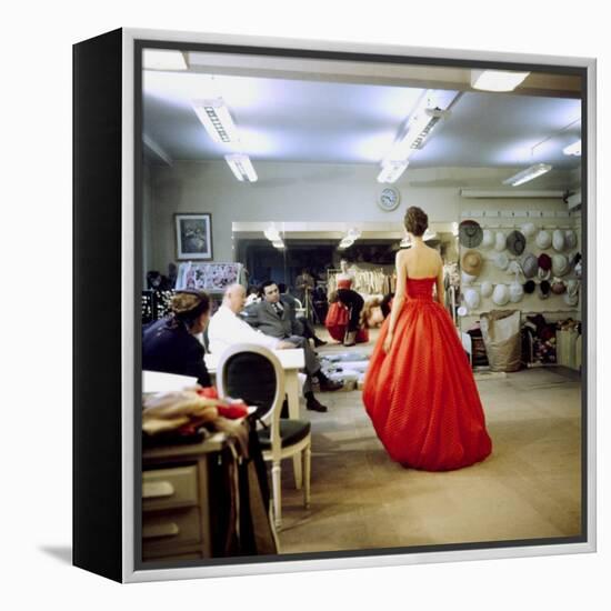 Fashion Designer Christian Dior Commenting on Red Gown for His New Collection Prior to Showing-Loomis Dean-Framed Premier Image Canvas