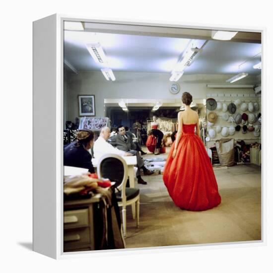 Fashion Designer Christian Dior Commenting on Red Gown for His New Collection Prior to Showing-Loomis Dean-Framed Premier Image Canvas