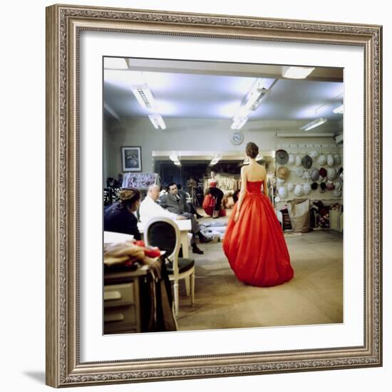 Fashion Designer Christian Dior Commenting on Red Gown for His New Collection Prior to Showing-Loomis Dean-Framed Premium Photographic Print