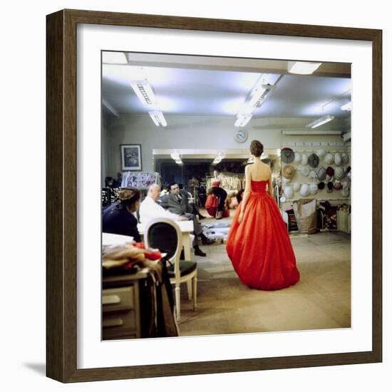 Fashion Designer Christian Dior Commenting on Red Gown for His New Collection Prior to Showing-Loomis Dean-Framed Premium Photographic Print