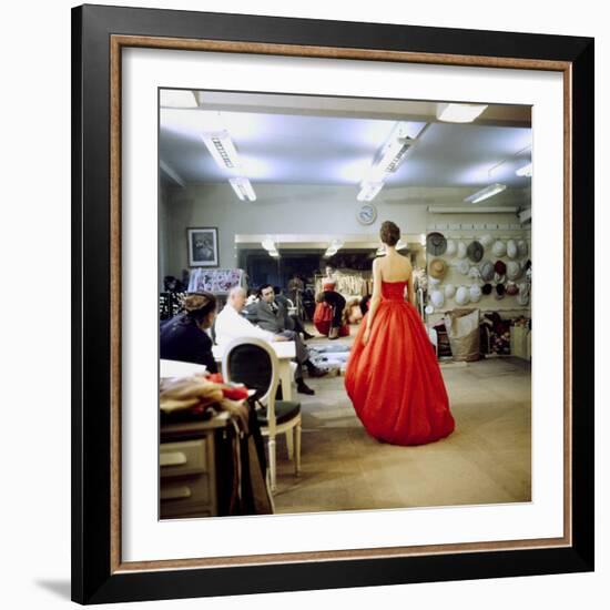 Fashion Designer Christian Dior Commenting on Red Gown for His New Collection Prior to Showing-Loomis Dean-Framed Premium Photographic Print