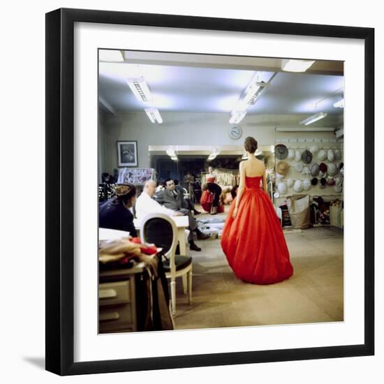 Fashion Designer Christian Dior Commenting on Red Gown for His New Collection Prior to Showing-Loomis Dean-Framed Premium Photographic Print