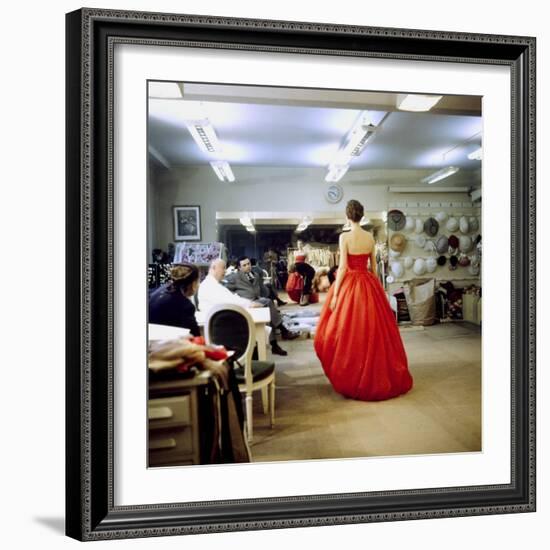 Fashion Designer Christian Dior Commenting on Red Gown for His New Collection Prior to Showing-Loomis Dean-Framed Premium Photographic Print