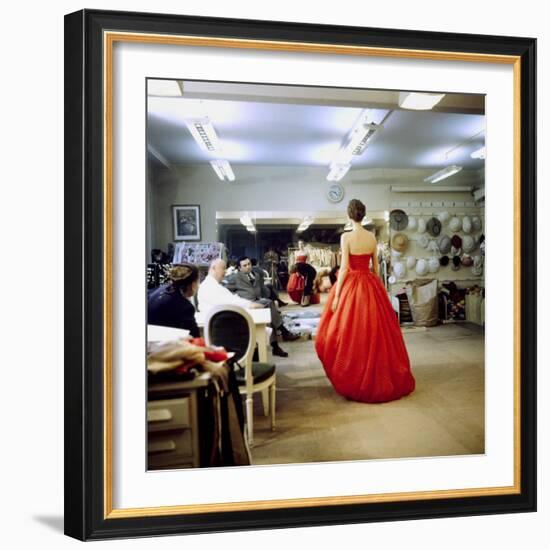 Fashion Designer Christian Dior Commenting on Red Gown for His New Collection Prior to Showing-Loomis Dean-Framed Premium Photographic Print