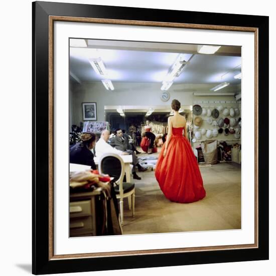 Fashion Designer Christian Dior Commenting on Red Gown for His New Collection Prior to Showing-Loomis Dean-Framed Premium Photographic Print