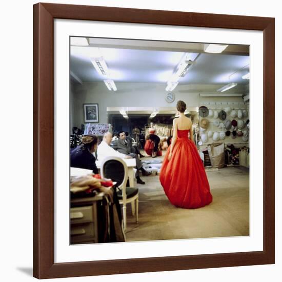 Fashion Designer Christian Dior Commenting on Red Gown for His New Collection Prior to Showing-Loomis Dean-Framed Premium Photographic Print