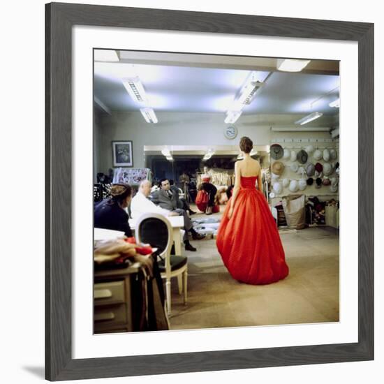 Fashion Designer Christian Dior Commenting on Red Gown for His New Collection Prior to Showing-Loomis Dean-Framed Premium Photographic Print