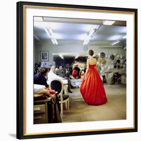 Fashion Designer Christian Dior Commenting on Red Gown for His New Collection Prior to Showing-Loomis Dean-Framed Premium Photographic Print