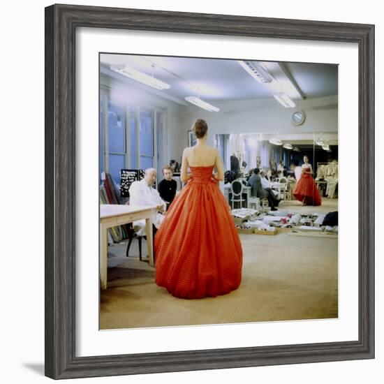 Fashion Designer Christian Dior Commenting on Red Gown for His New Collection Prior to Showing-Loomis Dean-Framed Premium Photographic Print