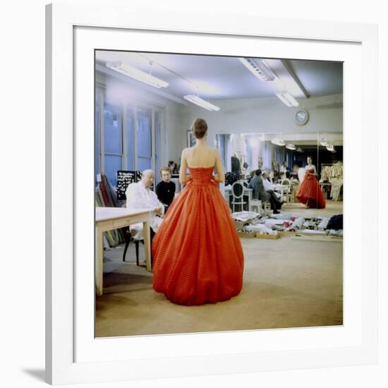 Fashion Designer Christian Dior Commenting on Red Gown for His New Collection Prior to Showing-Loomis Dean-Framed Premium Photographic Print