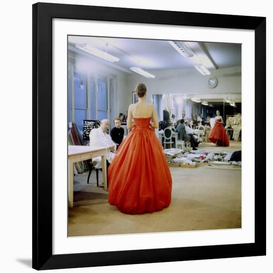 Fashion Designer Christian Dior Commenting on Red Gown for His New Collection Prior to Showing-Loomis Dean-Framed Premium Photographic Print