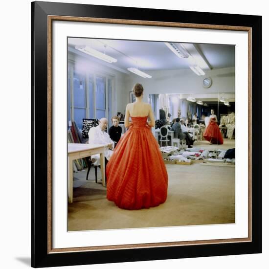 Fashion Designer Christian Dior Commenting on Red Gown for His New Collection Prior to Showing-Loomis Dean-Framed Premium Photographic Print