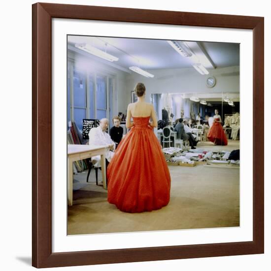 Fashion Designer Christian Dior Commenting on Red Gown for His New Collection Prior to Showing-Loomis Dean-Framed Premium Photographic Print