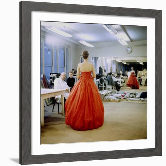 Fashion Designer Christian Dior Commenting on Red Gown for His New Collection Prior to Showing-Loomis Dean-Framed Premium Photographic Print