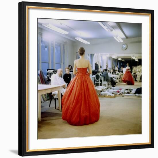 Fashion Designer Christian Dior Commenting on Red Gown for His New Collection Prior to Showing-Loomis Dean-Framed Premium Photographic Print