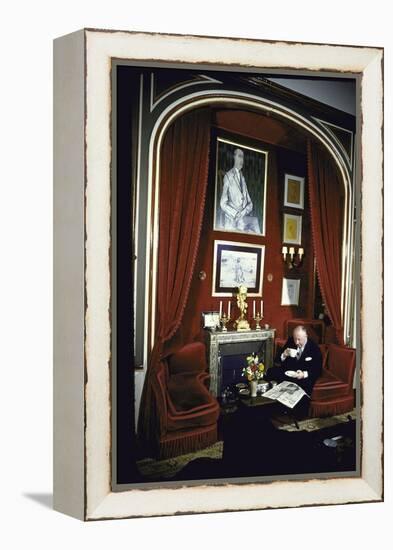 Fashion Designer Christian Dior Having Coffee While Reading Newspaper-Loomis Dean-Framed Premier Image Canvas