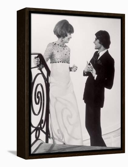 Fashion Designer Yves Saint Laurent Talking with Client Mrs. Stanley Donen at His Boutique-Pierre Boulat-Framed Premier Image Canvas