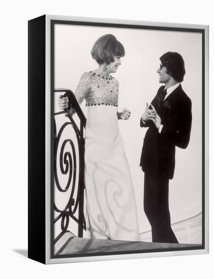 Fashion Designer Yves Saint Laurent Talking with Client Mrs. Stanley Donen at His Boutique-Pierre Boulat-Framed Premier Image Canvas